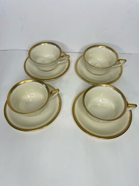 Set Of 4 Rosenthal Tea Cup & Saucer Ivory & Gold Trim Corona China 8 Pieces